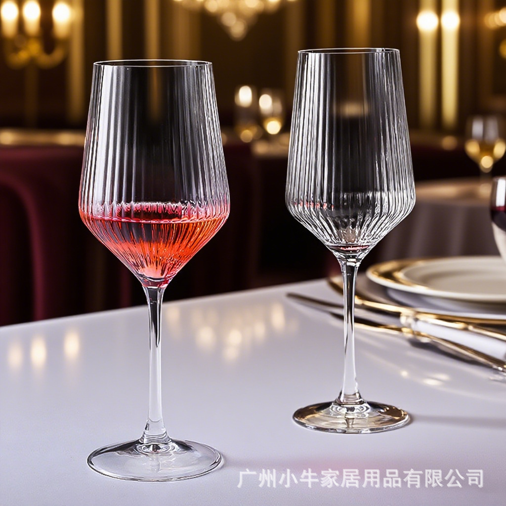 Large vertical Bordeaux wine glass for home use, luxurious crystal glass with corrugated stripes, grape tall stem glass, cross-border full figure