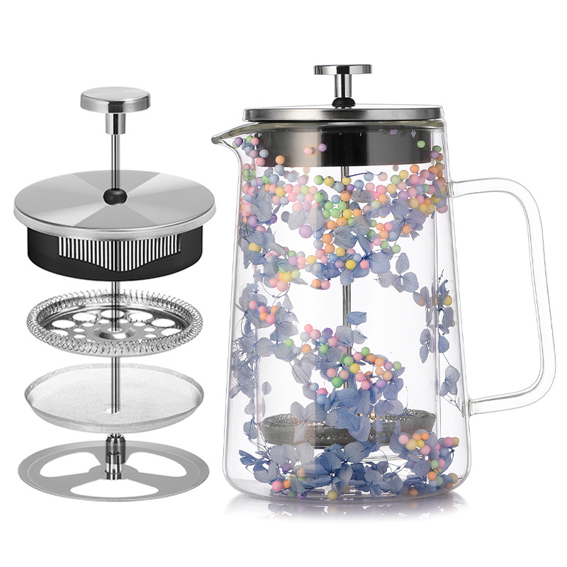 Dry-flower double-layer glass French press, heat-resistant coffee pot, insulated coffee utensils, household filtering tea infuser, sharing pot Item Picture