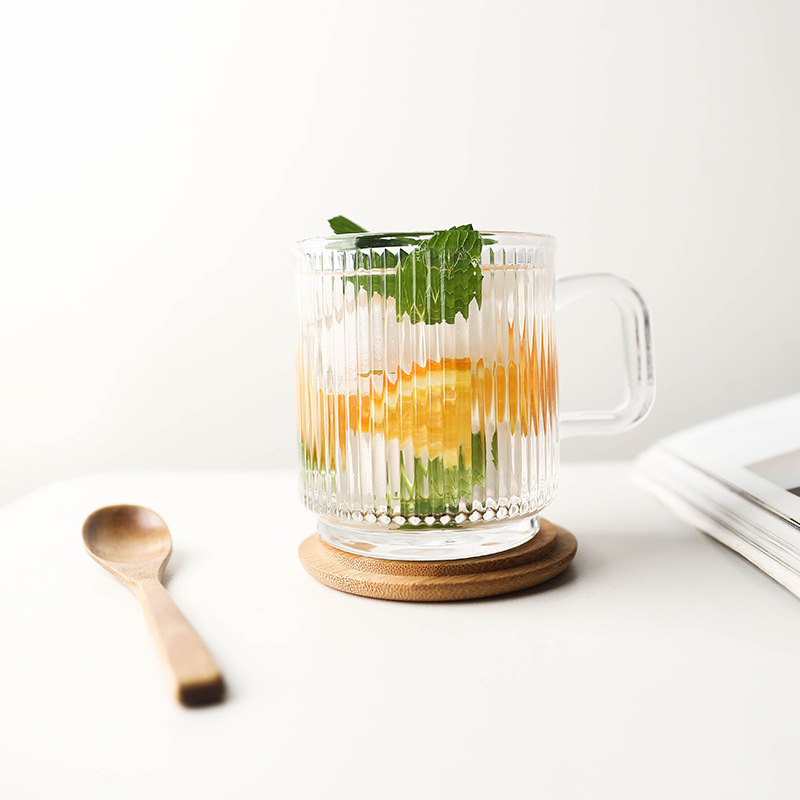 ins vertical striped coffee cup, straight thick bottom glass handle cup, Japanese glass water cup, cold brew latte cup with handle Specification drawing