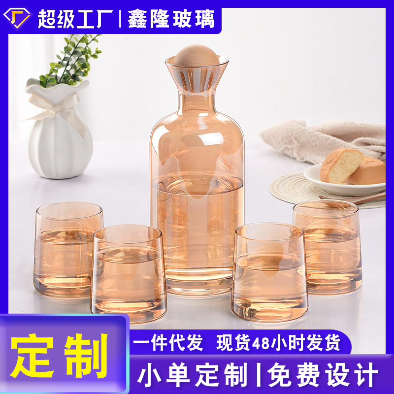 Household light luxury cold water bottle set, straight glass water ware set, cold boiled water cup, creative wooden ball lid cold water bottle full figure