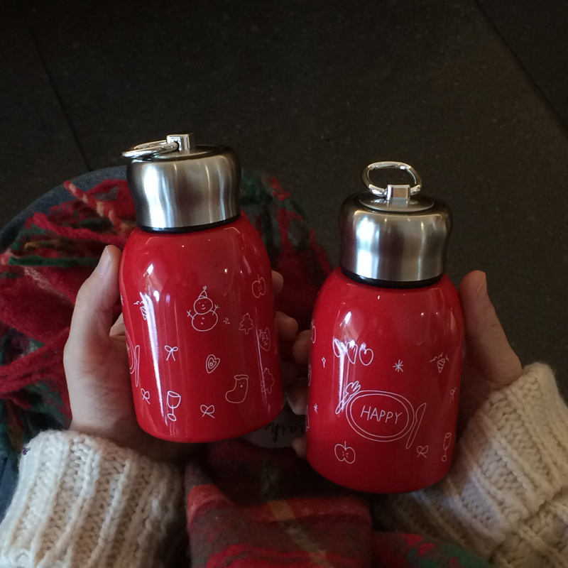 New Year and Christmas high-end red mini insulated cup, heart-shaped snowman graffiti stainless steel water cup, travel cup Item Picture