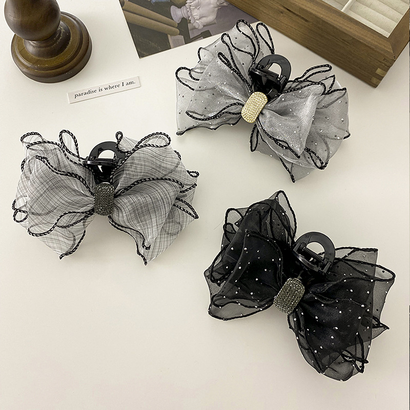 2025 New Starry Sky Mesh water diamond bow clip, large double-sided shark hairpin, ins style, high-end feel Specification drawing
