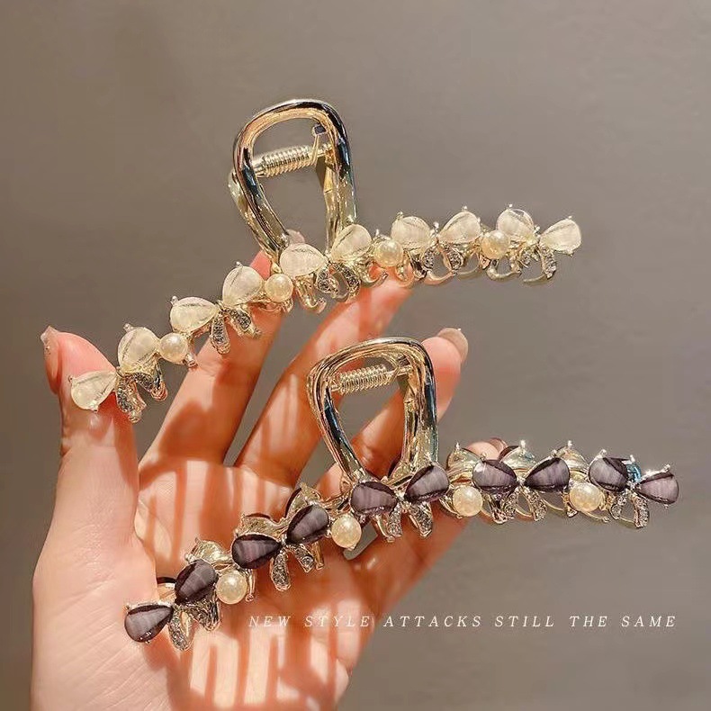 Cat's eye crystal bow tie hairpin for women, new summer style flower grabber, large shark clip, back of the head hairpin full figure