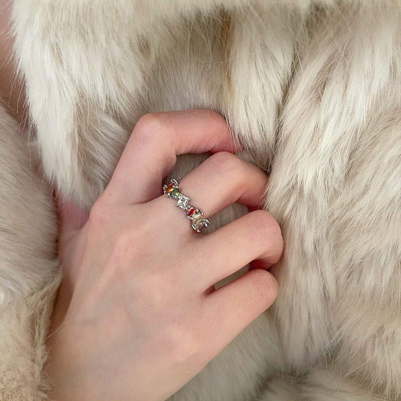 Dreamy rainbow zircon inlaid light luxury open ring, a new trendy and stylish ins ring for women with a niche design details Picture