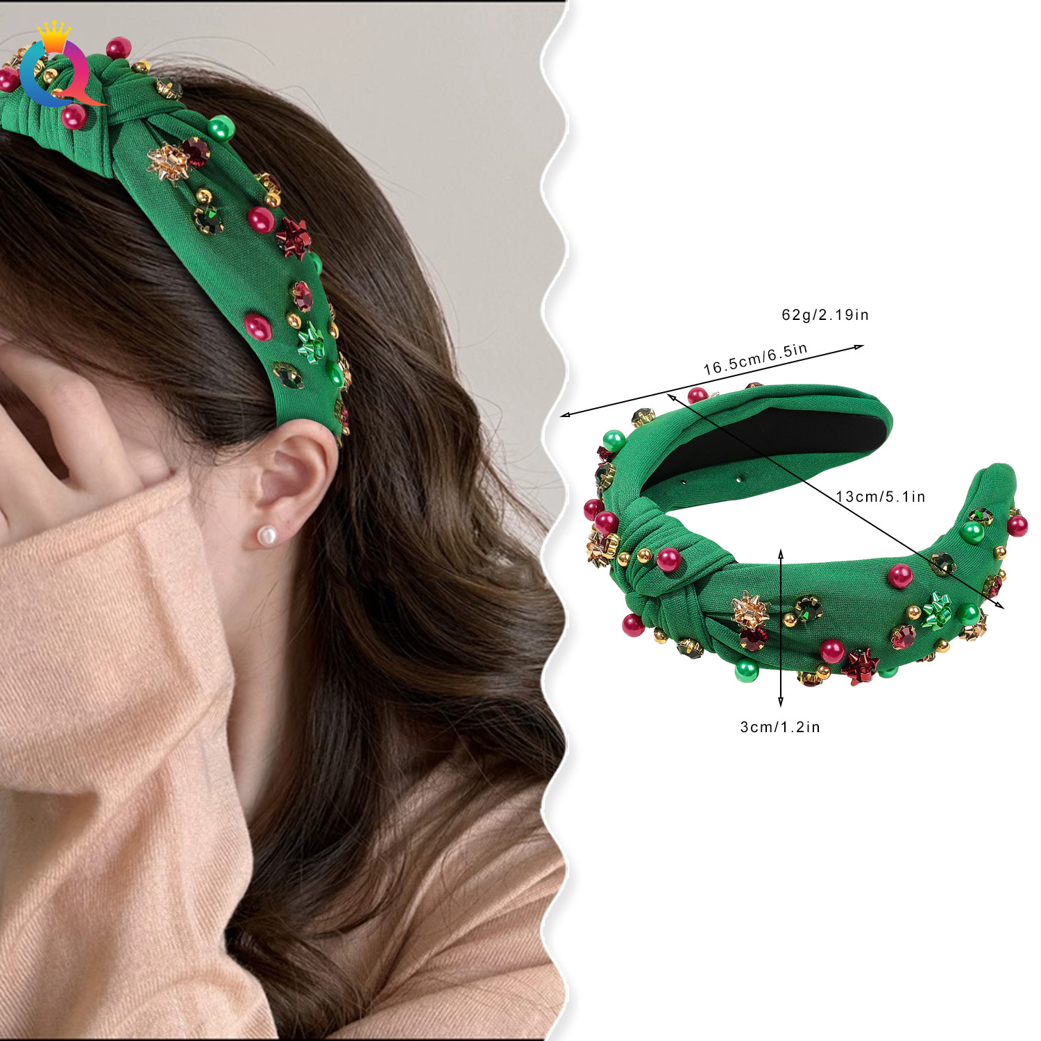 Qiyue Cross-border European and American style diamond-encrusted knot Christmas headband, high head pressure hair, face wash headband hair accessory wholesale details Picture