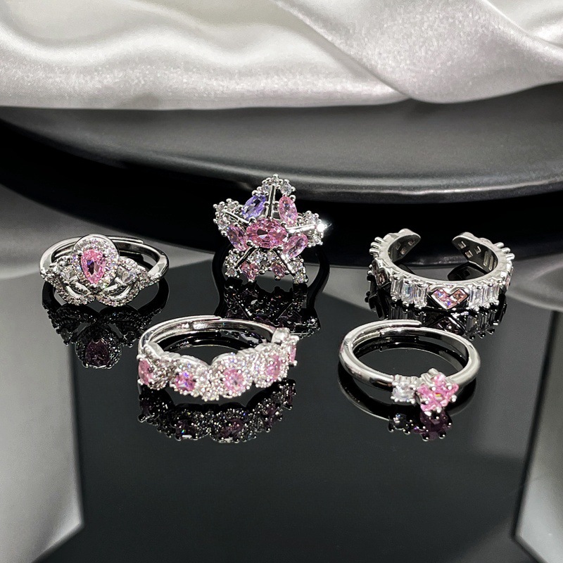 French light luxury pink diamond sweet and cool star full diamond open ring, a woman's Instagram cold style, exquisite quality, layered ring Specification drawing