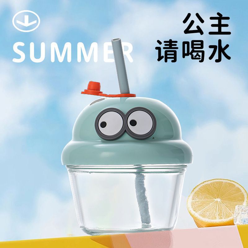 New Dun Dun Cup Mini Glass Cup, cute cartoon children's water cup, summer milk coffee drink straw cup Specification drawing