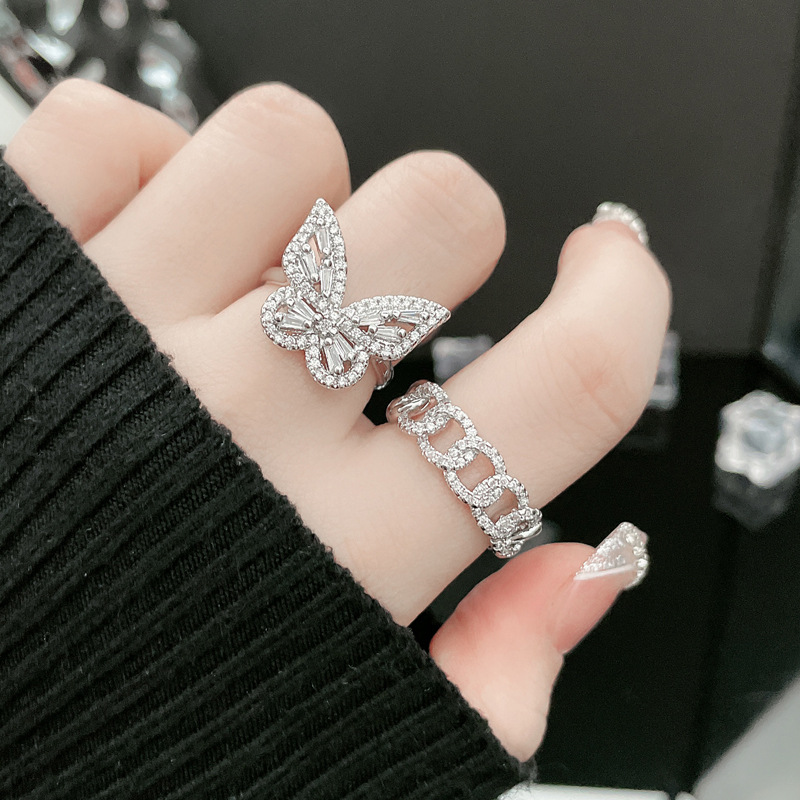 A versatile butterfly chain full-diamond open-mouth ring for daily use, sweet and cool for women on Instagram, with a cold style, light luxury and niche index finger ring trend Specification drawing