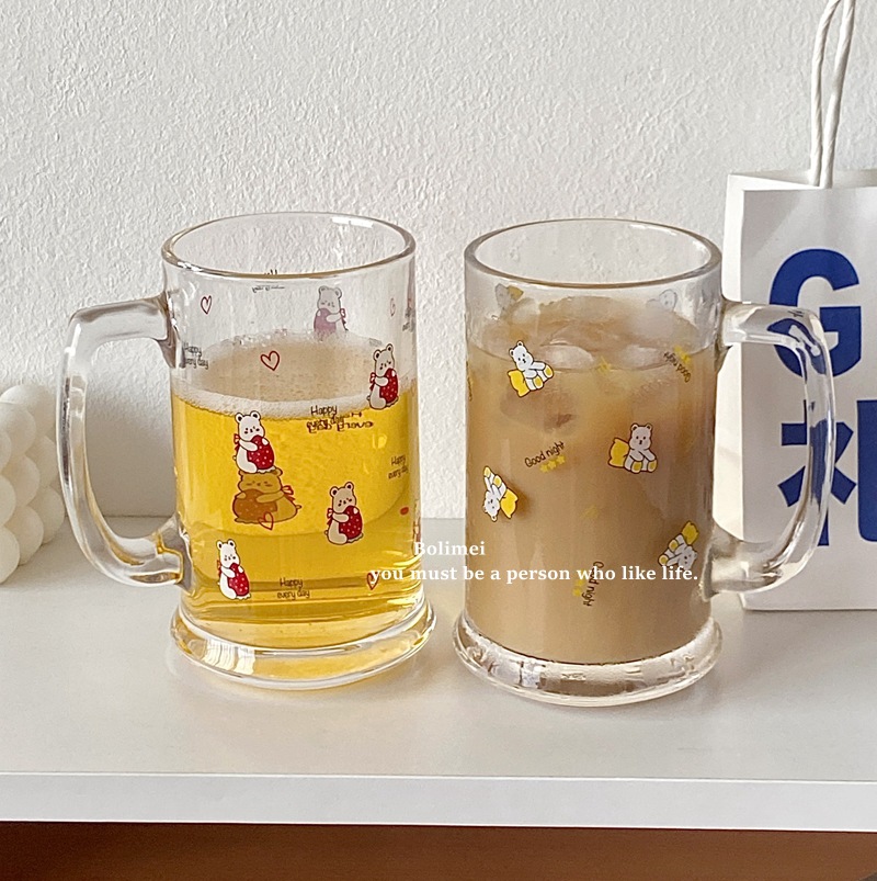 Korean InS-style bear glass cups, household large-capacity milk tea cups, cold brew coffee cups, cold drink cups, beer mugs full figure