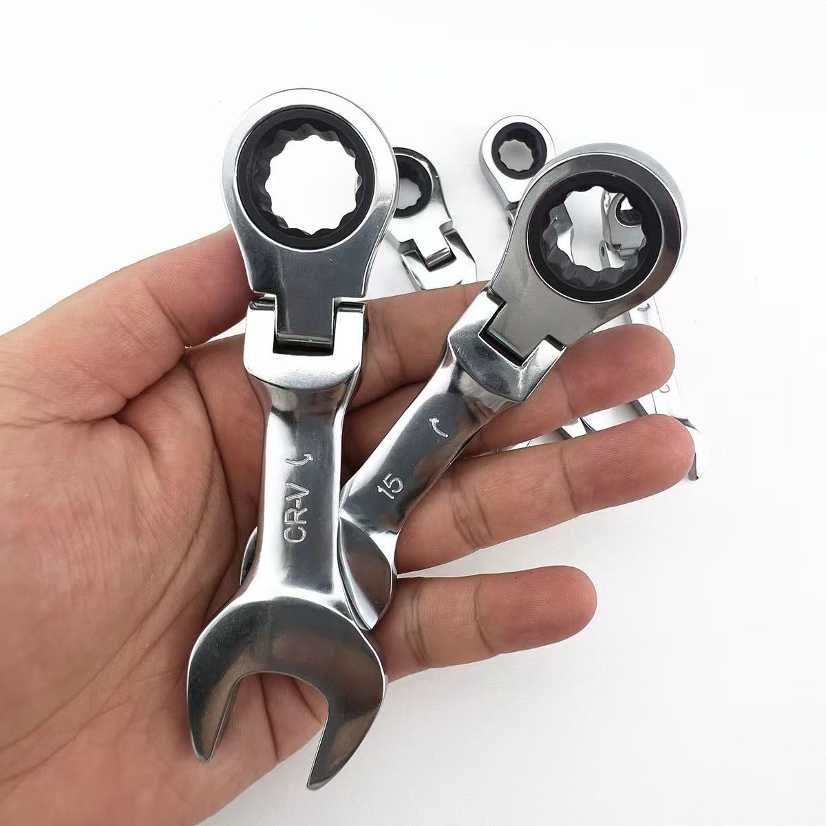 Short-handled adjustable ratchet wrench, quick bidirectional dual-purpose, open-end plum blossom mini plate, mirror-polished, 6-19mm size Specification drawing