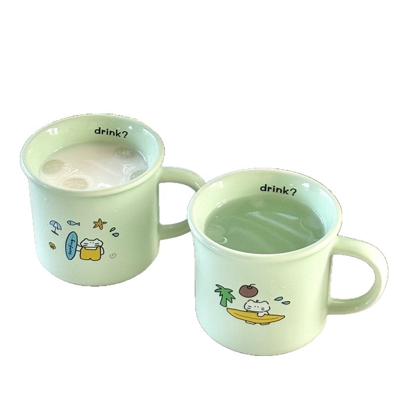 Homemade ins Surf Cat mug birthday gift for girls, high appearance level, island style mint milk green ceramic cup Item Picture