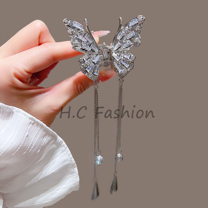New Chinese-style crystal butterfly wind chime tassel grab clip, high-end semi-tied hair shark clip, Chinese-style back head coil hair clip full figure