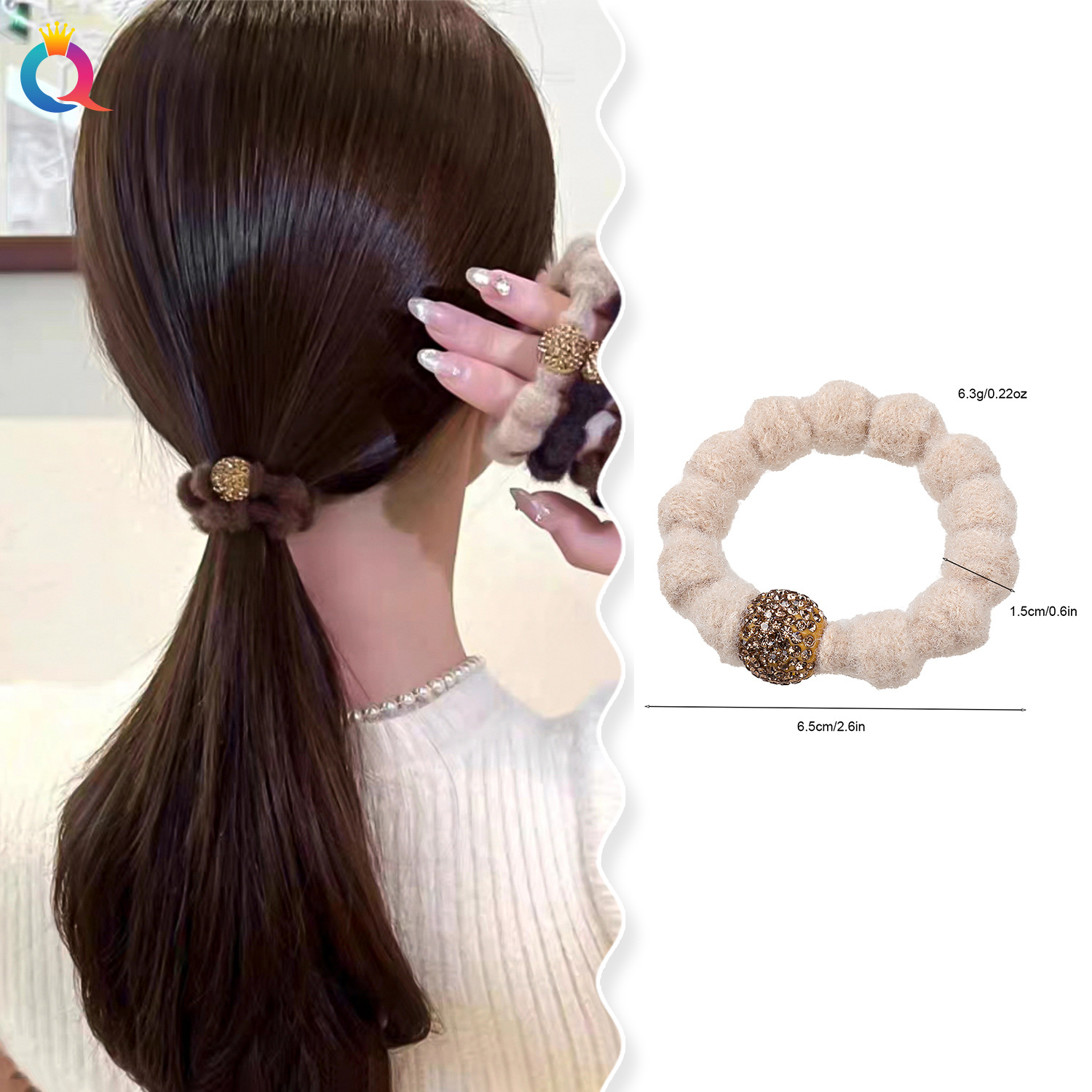 Qiyue Cross-border Autumn and Winter warm-colored plush hair bands, high-elasticity diamond ball hair ties, rubber bands, hair ties, and hair accessories wholesale details Picture