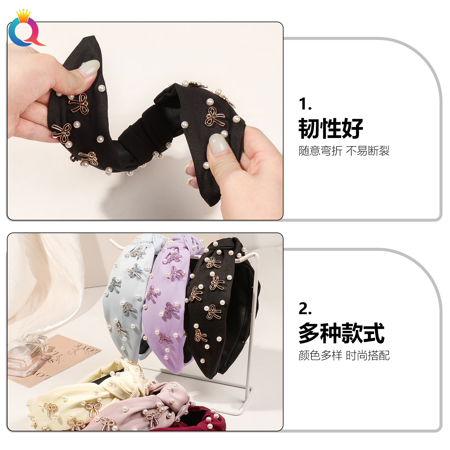 Qiyue Cross-border Nail Bead Oil Drip Bow Hair Band, High cranial top Pressure Hair, Face Hair, Groin Hair, Head Band and hair accessories wholesale Specification drawing