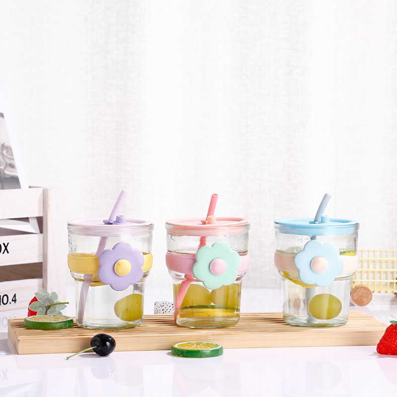 New glass straw cup, ins double-drink coffee cup, advertising souvenir gift water cup, high appearance level bamboo joint flower cup details Picture