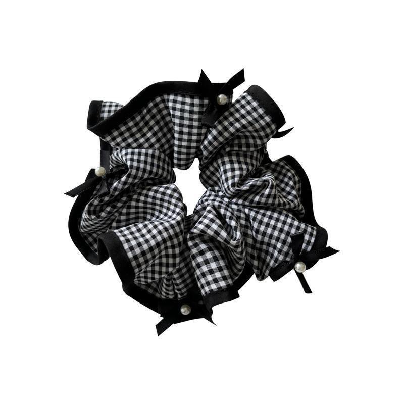 French black checkered pearl bow, large intestine hair band, high-end Korean style for women, ponytail hair tie, hair accessory Item Picture