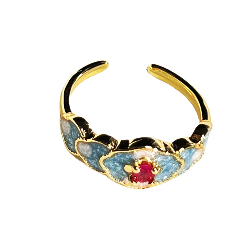 【 Enamel Qilu 】 New Chinese-style retro enamel Open ring, pink butterfly Star Moon cross index finger ring for women Item Picture