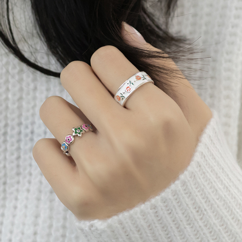 Tulip flower drip glaze open ring for women's Instagram niche design, high-end, fashionable and individual ring, light luxury trend details Picture