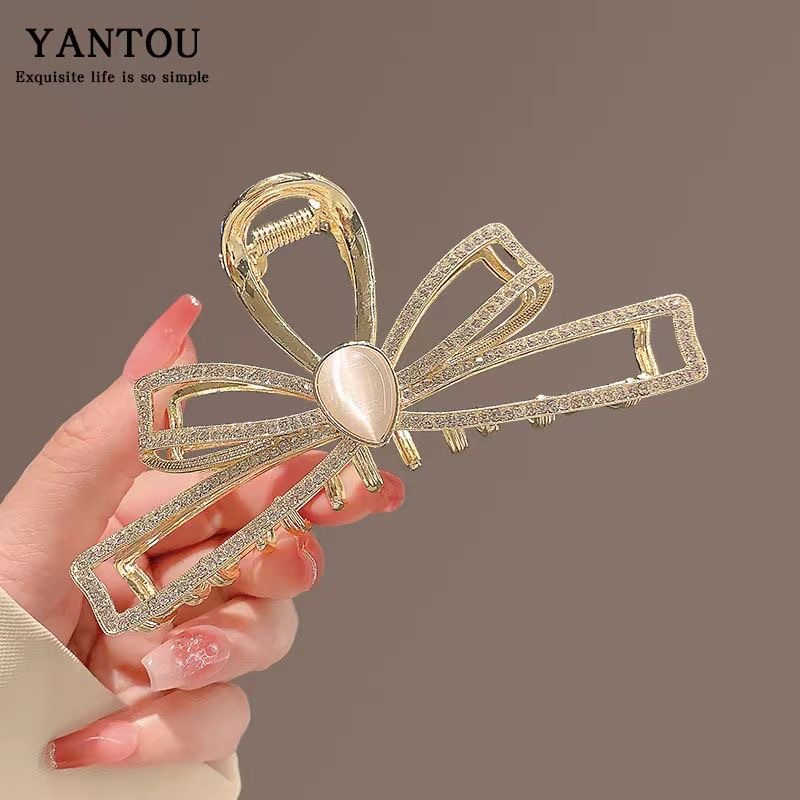 French large back head bun hair clip, sweet and elegant bow, cat's eye stone water diamond hair clip, female shark clip Specification drawing