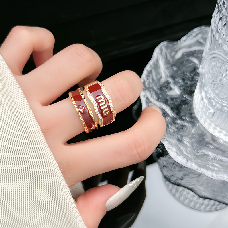 New Year's style niche design wine red drip glaze letter open ring, fashionable and versatile ring for women's zodiac year details Picture