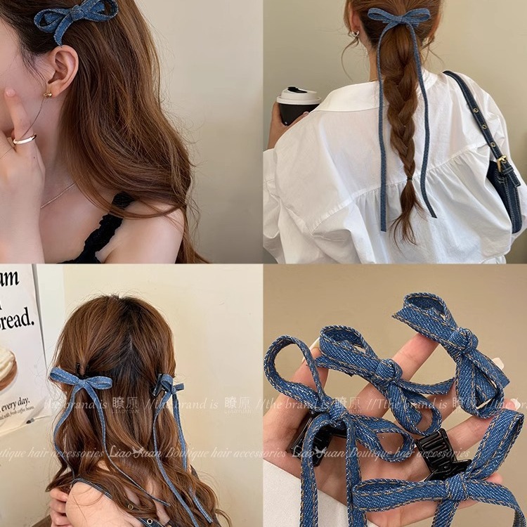A pair! Retro denim blue bow hairpin headwear 2024 new style high-end girlish bangs small grabber full figure