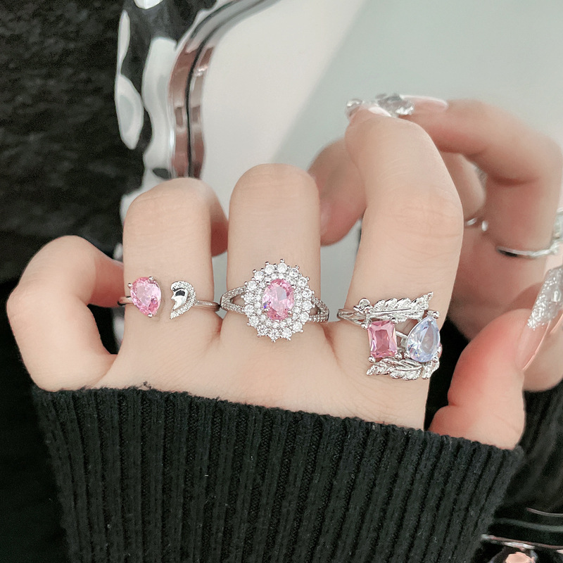 Sweet pink diamond irregular geometric full diamond open ring, a niche design for women, light luxury, versatile and elegant ring, sweet and cool details Picture