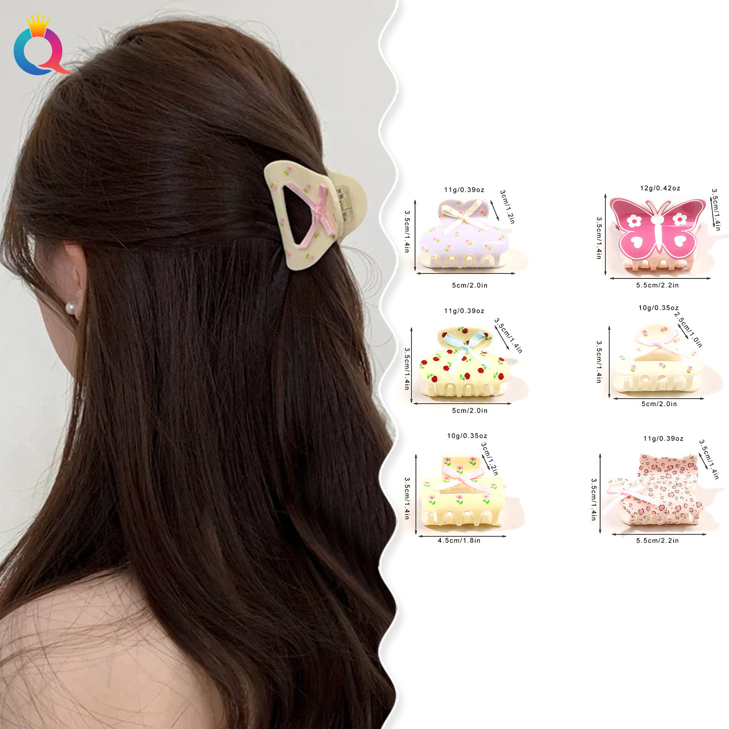 Wholesale of Qiyue acrylic printed hair clips, cream floral butterfly grab clips, shark grab clips, semi-grab hair accessories and hair accessories details Picture