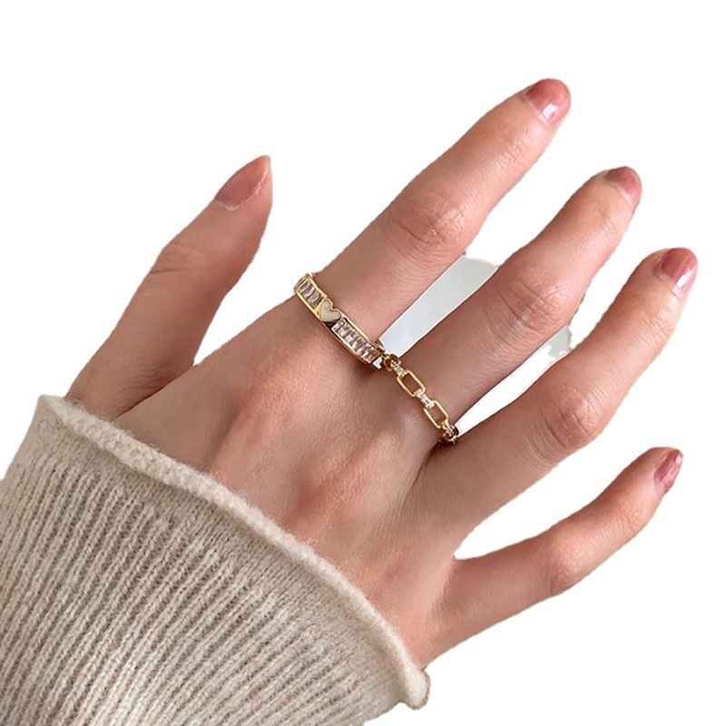 A light luxury and high-end zircon heart-shaped opening ring for women on Instagram, with a cold style, fashionable and individualistic temperament, is a new food ring Item Picture