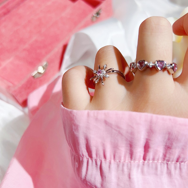Pink diamond zircon star heart-shaped girl open ring, sweet, light luxury and high-end, layered exquisite and unique ring Application Scenario