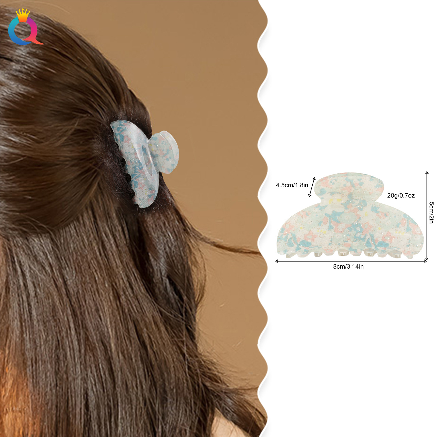 Wholesale of Qiyue's fresh and delicate floral acrylic hair clips, cute shark clips at the back of the head, and simple Daisy claw clips for women Specification drawing