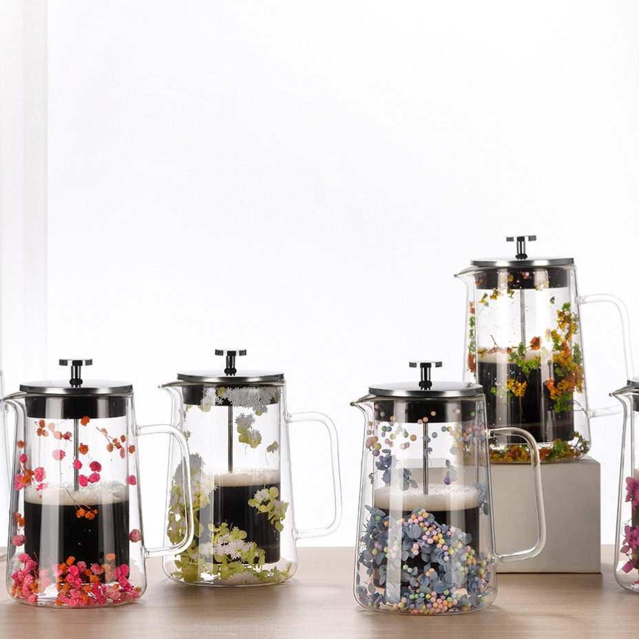 Dry-flower double-layer glass French press, heat-resistant coffee pot, insulated coffee utensils, household filtering tea infuser, sharing pot details Picture