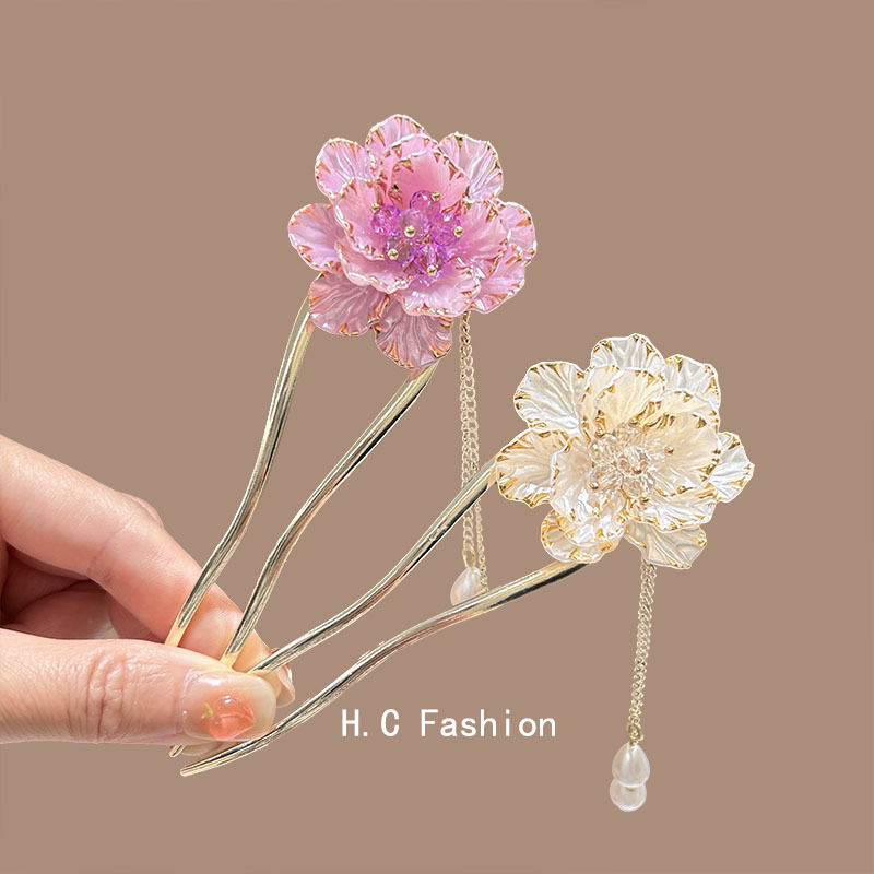 Exquisite peony-shaped tassel U-shaped hairpin for women, high-end updo hairpin, ancient-style hairpin, and hair dressing accessory full figure