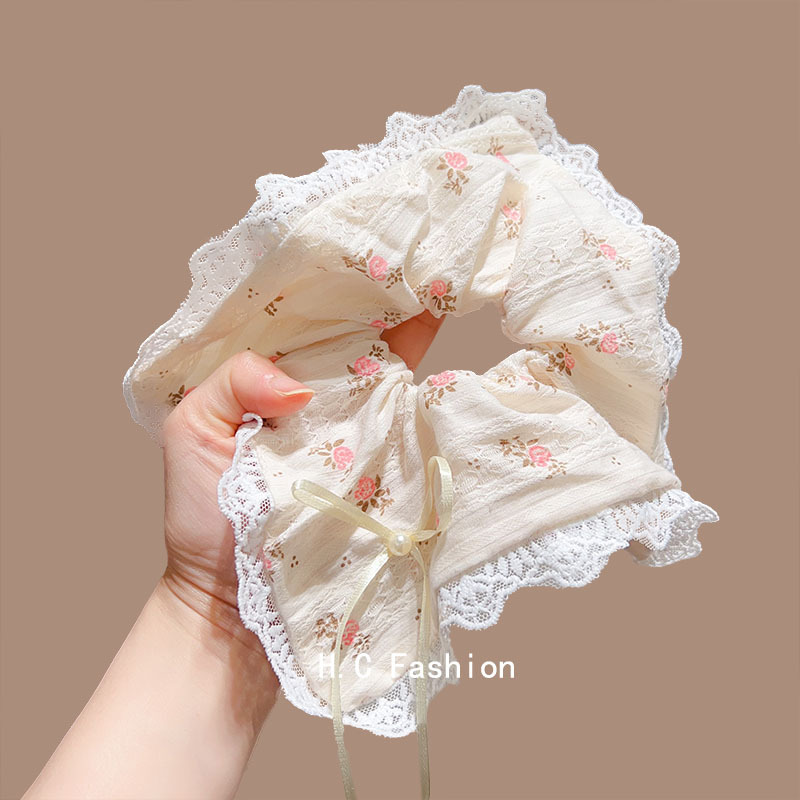 New French lace large intestine hair band, dreamy bow hair tie for girls, sweet flower square scarf headband accessory Application Scenario