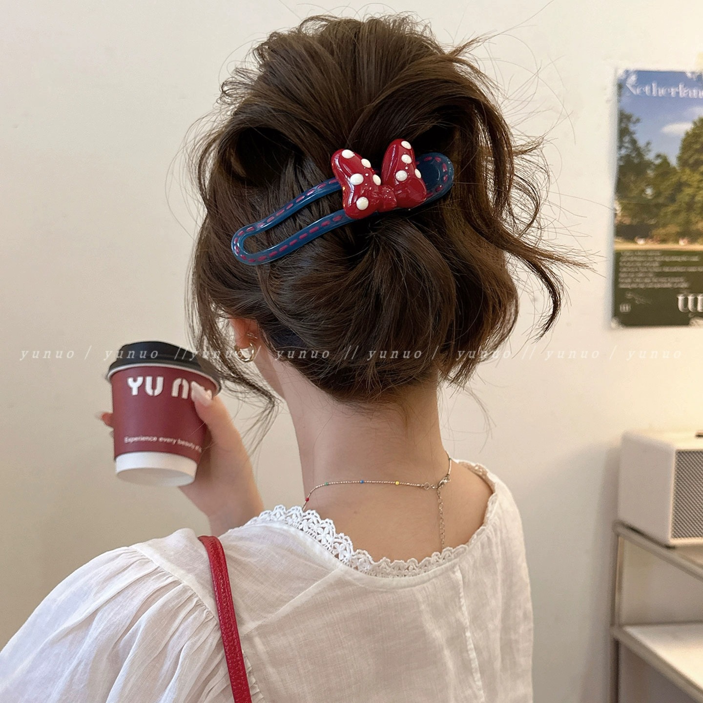 French-style versatile red bow duckbill clip for women, high-end one-line hair clip at the back of the head, updo and grappling clip hair accessory full figure