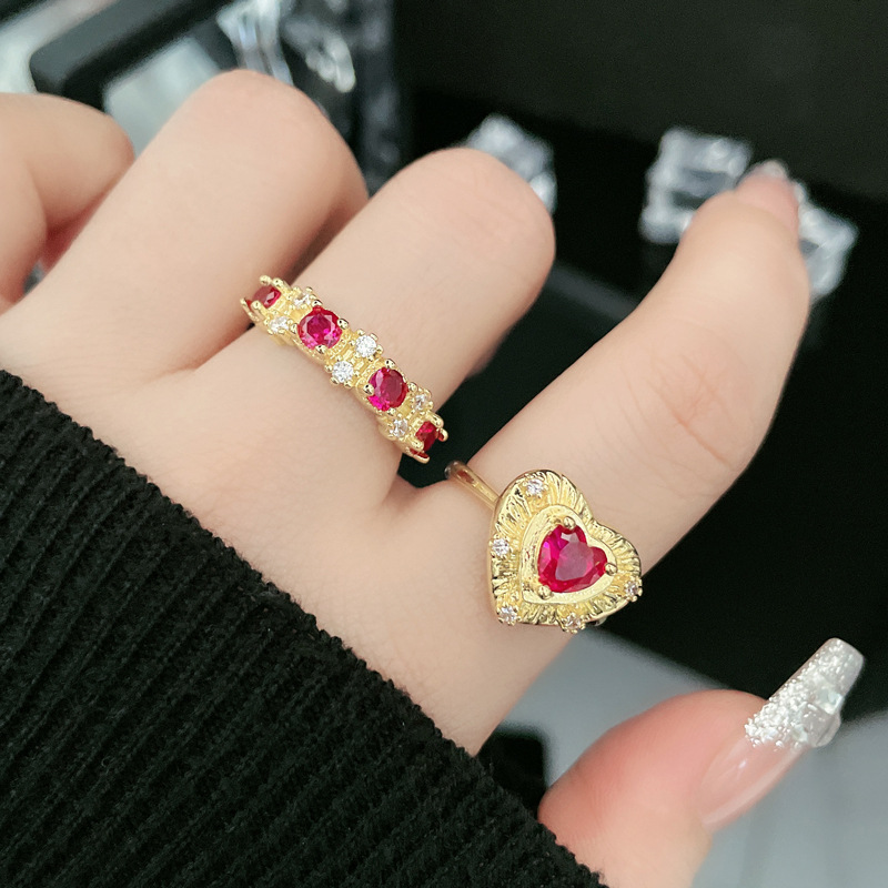 Retro heart-shaped red diamond elegant open ring, ins cold style, fashionable and high-end texture, versatile and personalized index finger ring details Picture