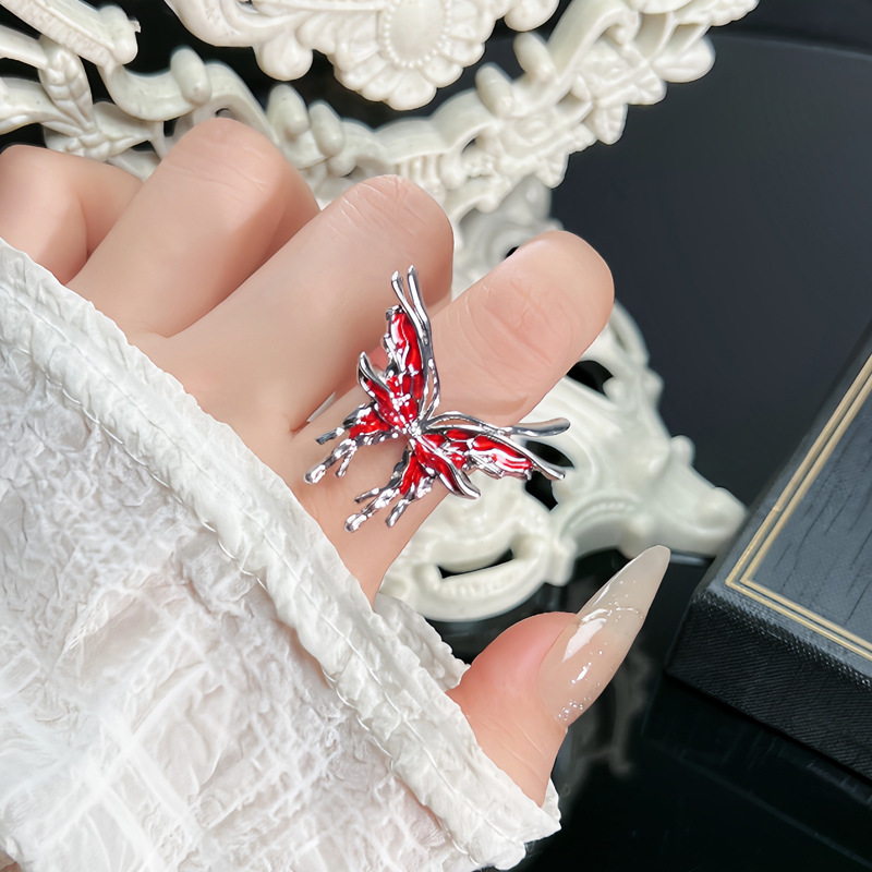 New irregular texture liquid butterfly opening ring for women, sweet and cool red drip glaze, simple and individual, trendy index finger ring full figure