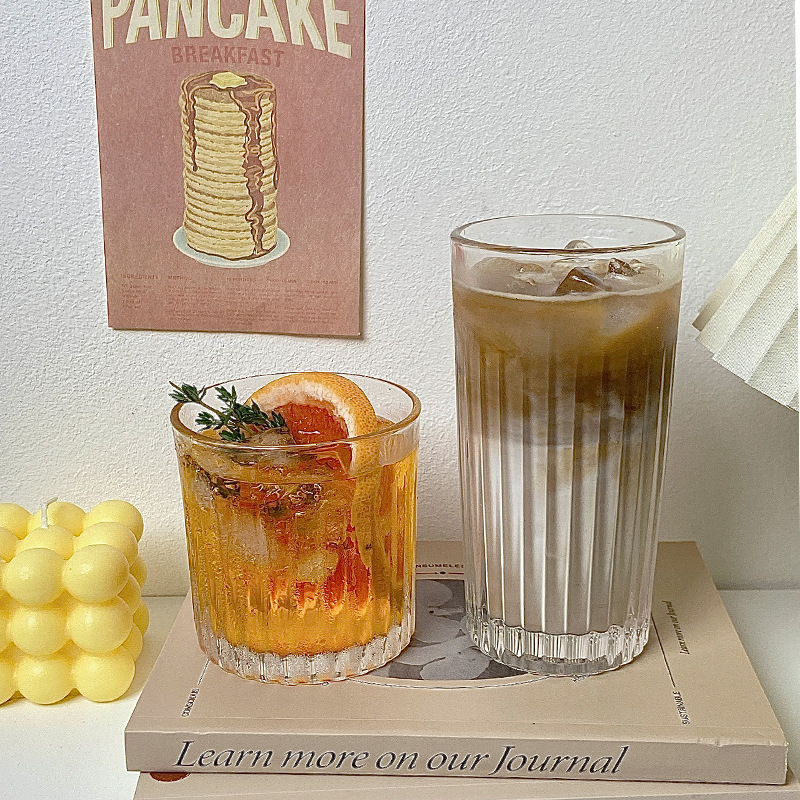 Bolimei vertical patterned glass cup, ins style coffee shop American latte iced coffee cup, cold brew Mocha cup full figure