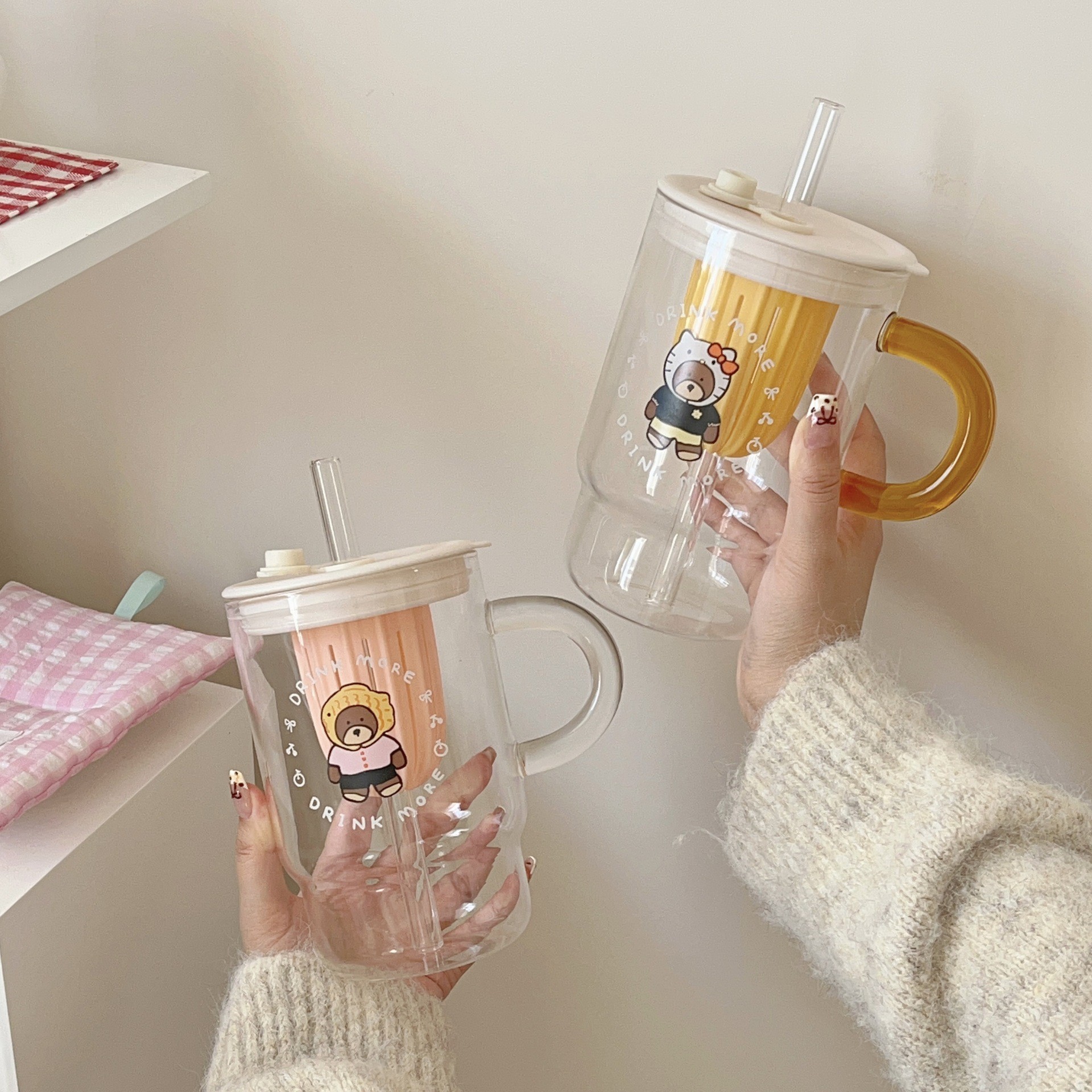 Wholesale of cross-border InS-style large-capacity glass straw cups, girlish water cups, student drinking cups and glass cups details Picture