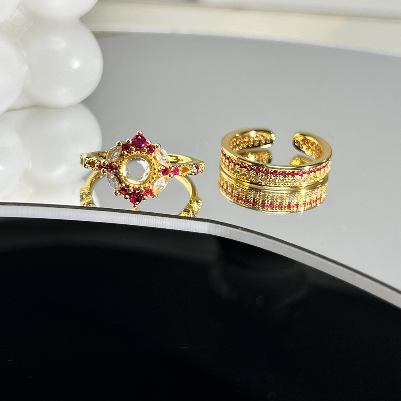 A best-selling retro French rose red zircon light luxury open ring for women, a unique and exquisite ring with a cold style on Instagram full figure