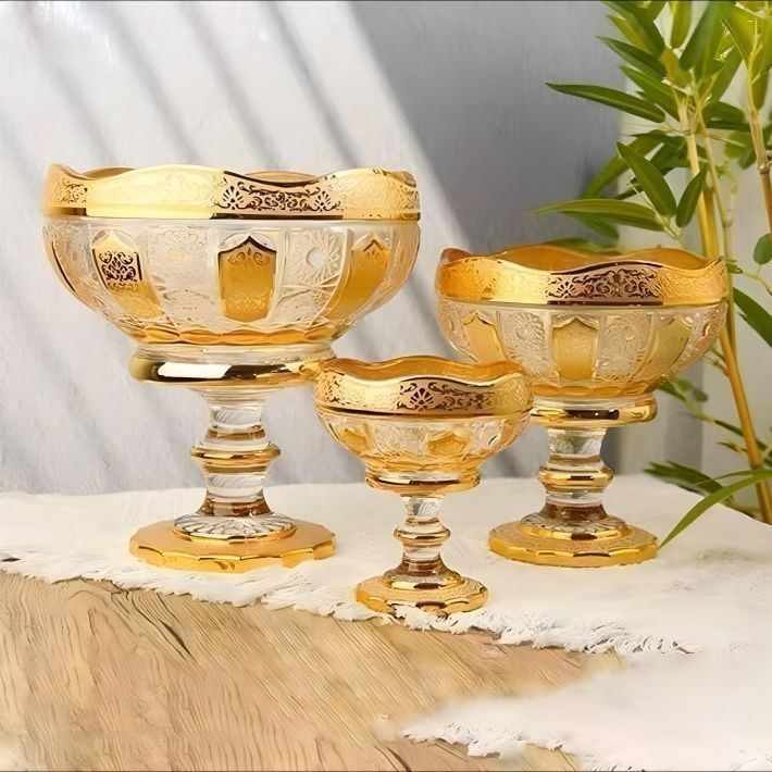 High-end furniture for foreign trade, Middle Eastern gold-plated glass fruit platters, direct supply from half-flower manufacturers, fruit doubo, high-legged fruit baskets for hotels details Picture
