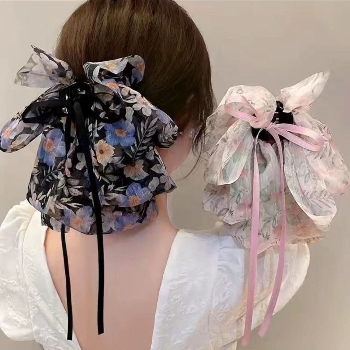 Super ethereal floral bow ribbon grab clip, high-end multi-purpose hair clip, shark clip at the back of the head, ponytail hair accessory for women details Picture