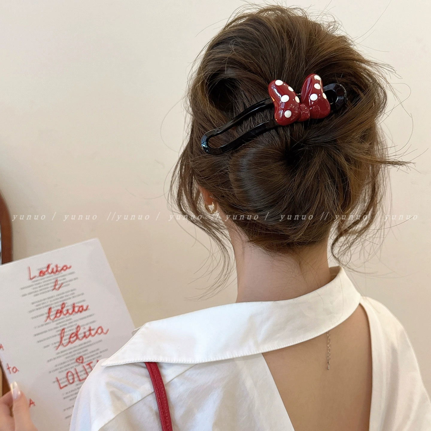 French-style versatile red bow duckbill clip for women, high-end one-line hair clip at the back of the head, updo and grappling clip hair accessory details Picture