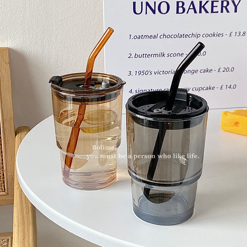 Bolimei Korean InS-style tea-colored glass straw cup, student covered water cup, large-capacity glass cup full figure