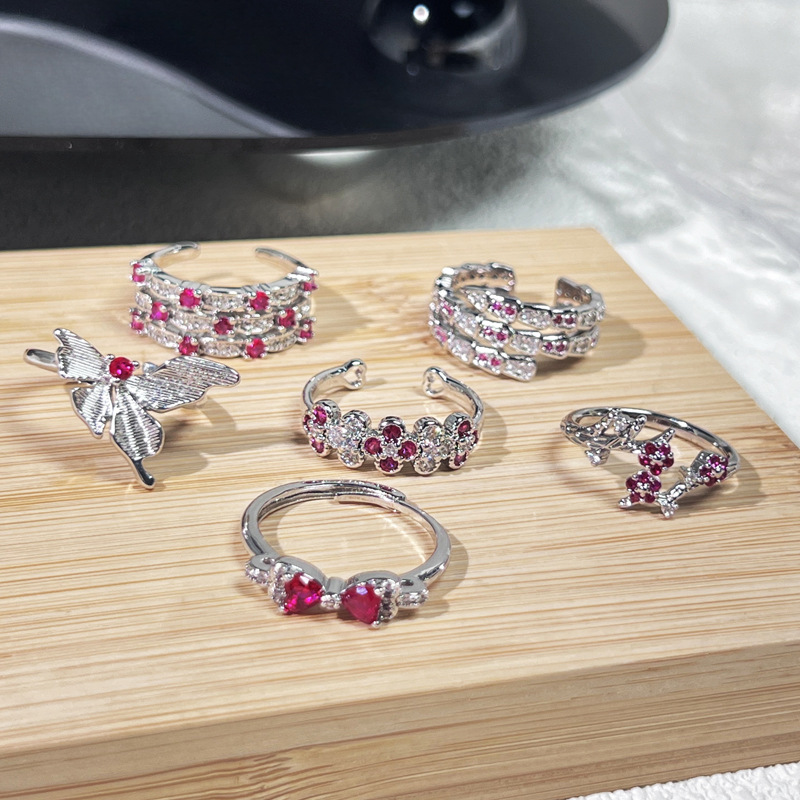 Old money's gentle style, rose red diamond light luxury ring, women's Instagram cold style, high-end quality, exquisite and niche ring Specification drawing