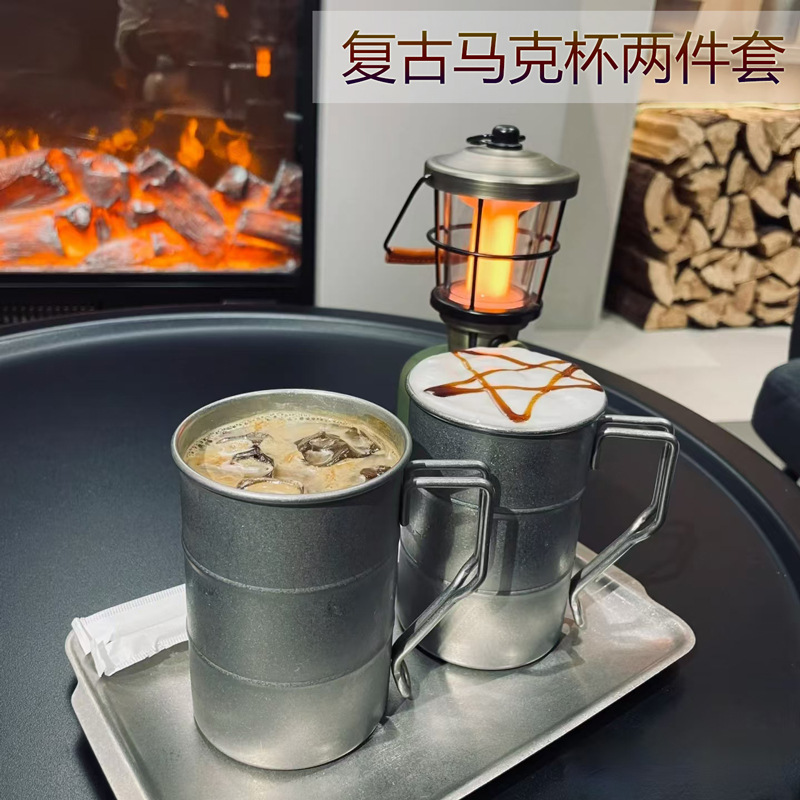 Cross-border stainless steel coffee cups, high-temperature resistant, frosted, retro aged mugs, two-piece set, commercial creative picnic cups full figure