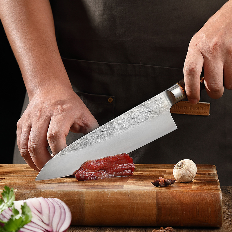 Cross-border export chef knives, hand-forged stainless steel kitchen knives, solid wood hand-handled clam blades, meat cutting knives in stock Specification drawing