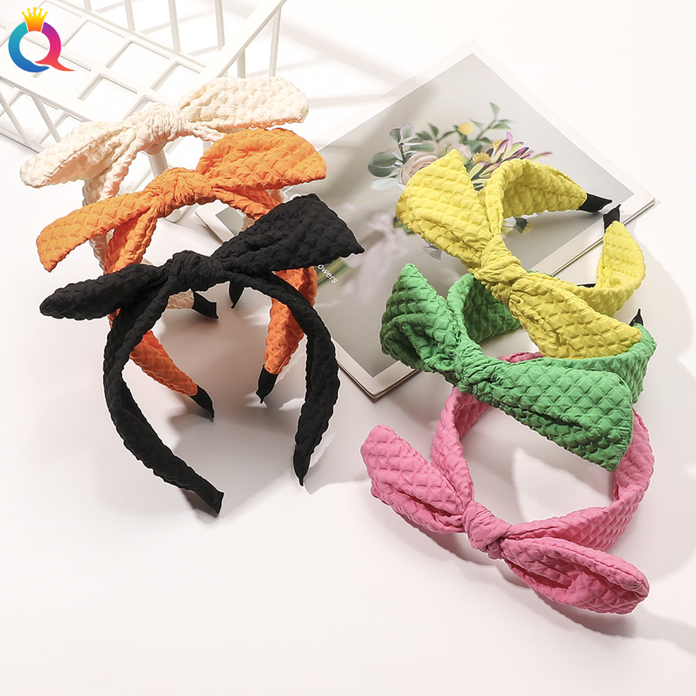 Qiyue Korean Waffle bow tie hair band, versatile headband for going out, updo hair accessory, solid color wide edge hair clip details Picture
