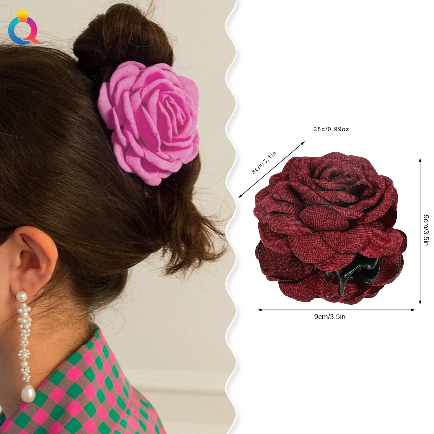 Wholesale of Qiyue Cross-border 3D rose flower clips, realistic flower hair clips, hairpins, large shark clips and hair accessories Specification drawing
