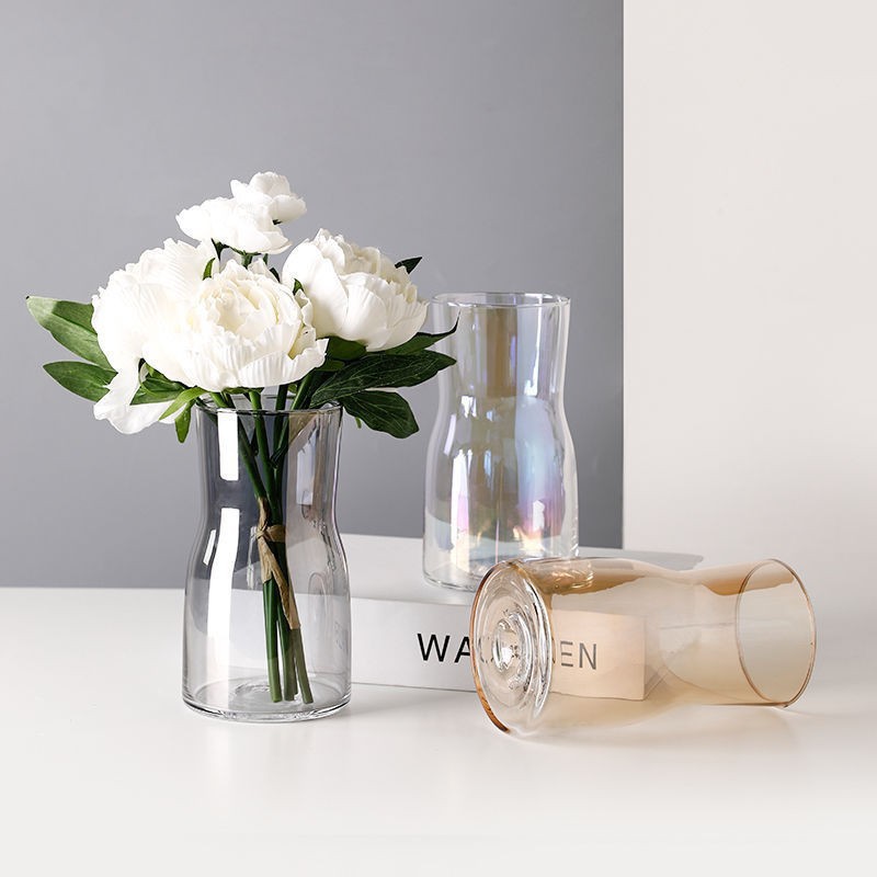 Simple and gradually changing color transparent glass small vase, water-growing flower arrangement decorative item, Ins-style electroplated vase full figure