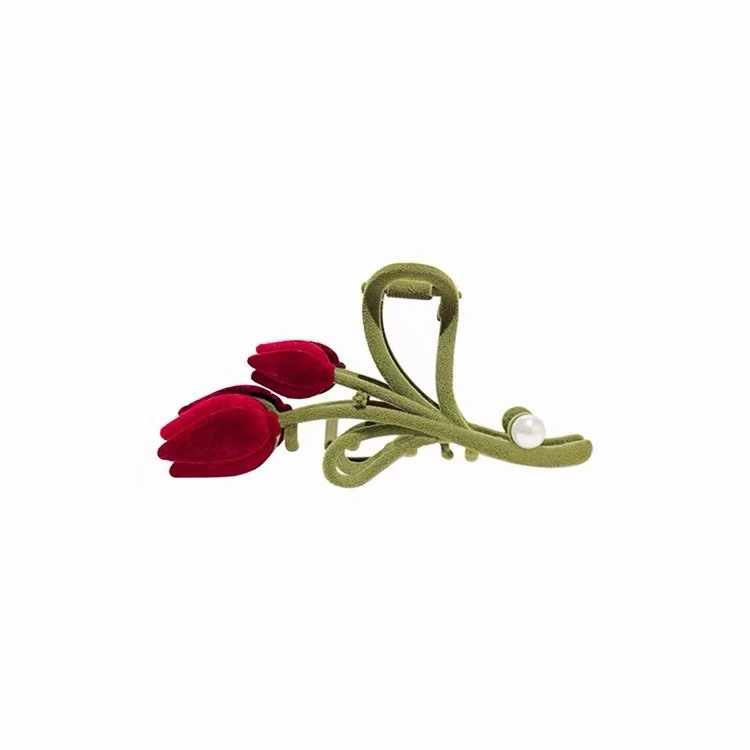 The 2025 new tulip flower hair clip features a high-end Korean design with a velvet shark clip at the back of the head Item Picture